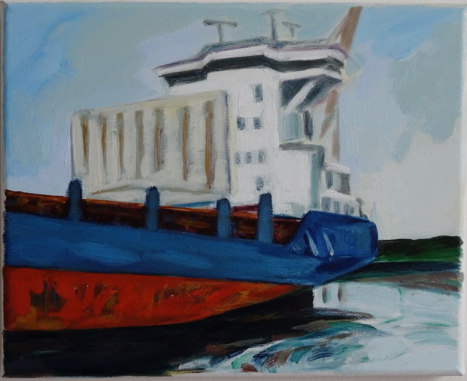 Schets van vrachtschip (maritiem olieverfschilderij in de haven van Rotterdam - Jayven Art)