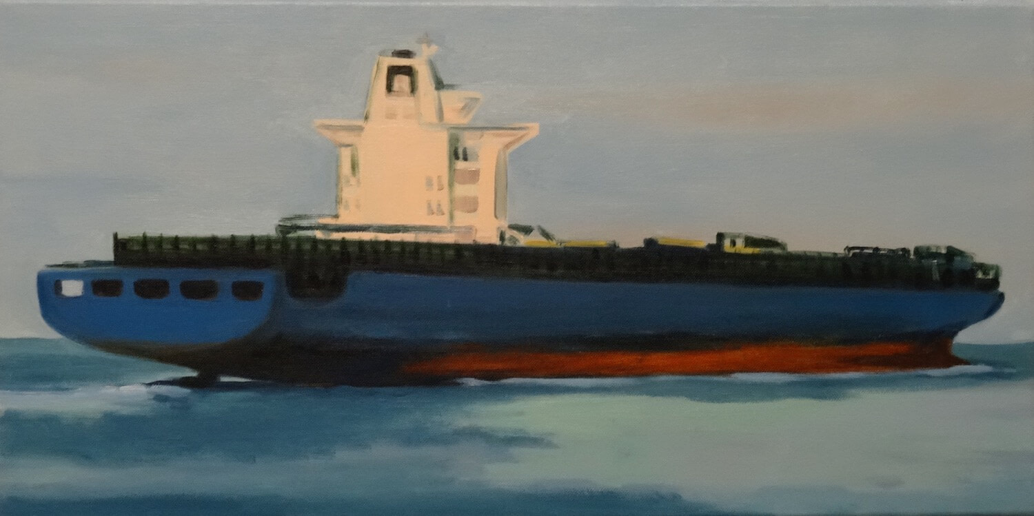 Schip op de Noordzee (maritiem olieverfschilderij in de haven van Rotterdam - Jayven Art)