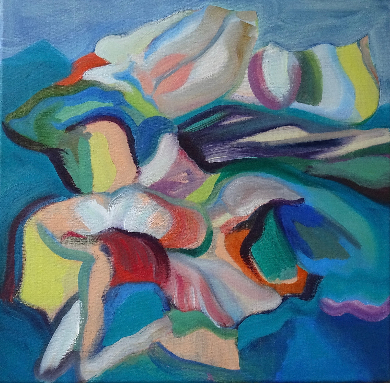 Abstract schilderij, bloemvorm met helderblauw