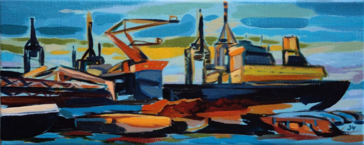 Avondlicht (maritiem olieverfschilderij in de haven van Rotterdam - Jayven Art)