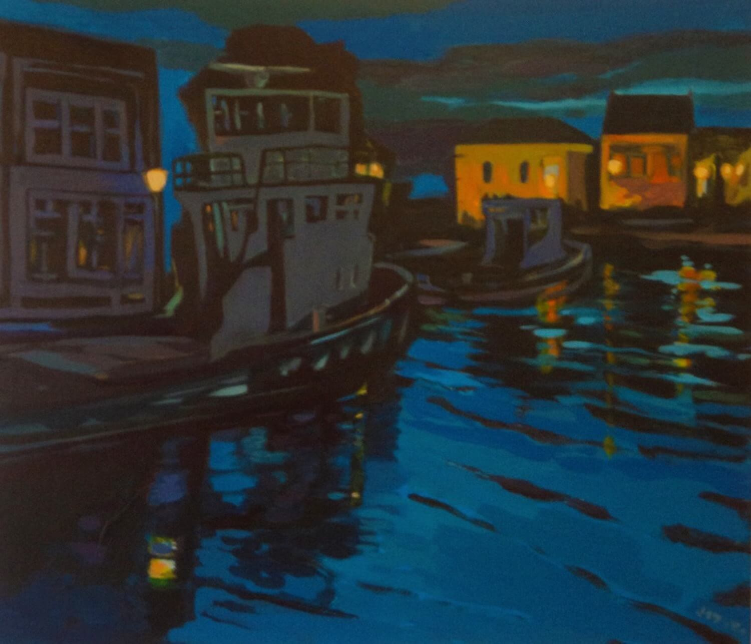 Kalkhaven in Dordrecht bij nacht (maritiem olieverfschilderij in de haven - Jayven Art)