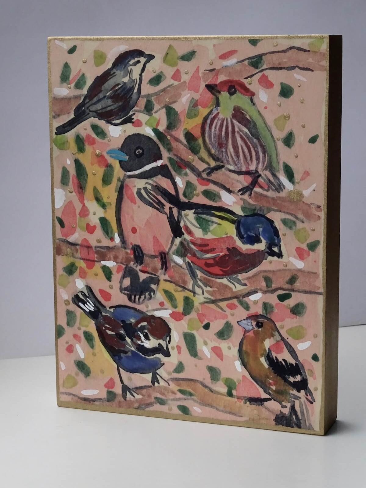 Zes kleurrijke vogels op takken (staand eitempera op paneel - Jayven Art)