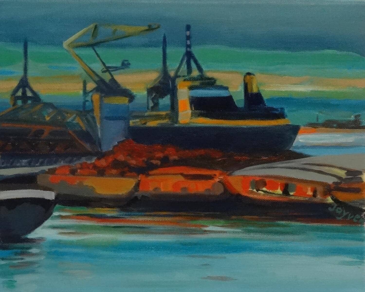 Haven bij avond (maritiem olieverfschilderij in de haven van Rotterdam - Jayven Art)