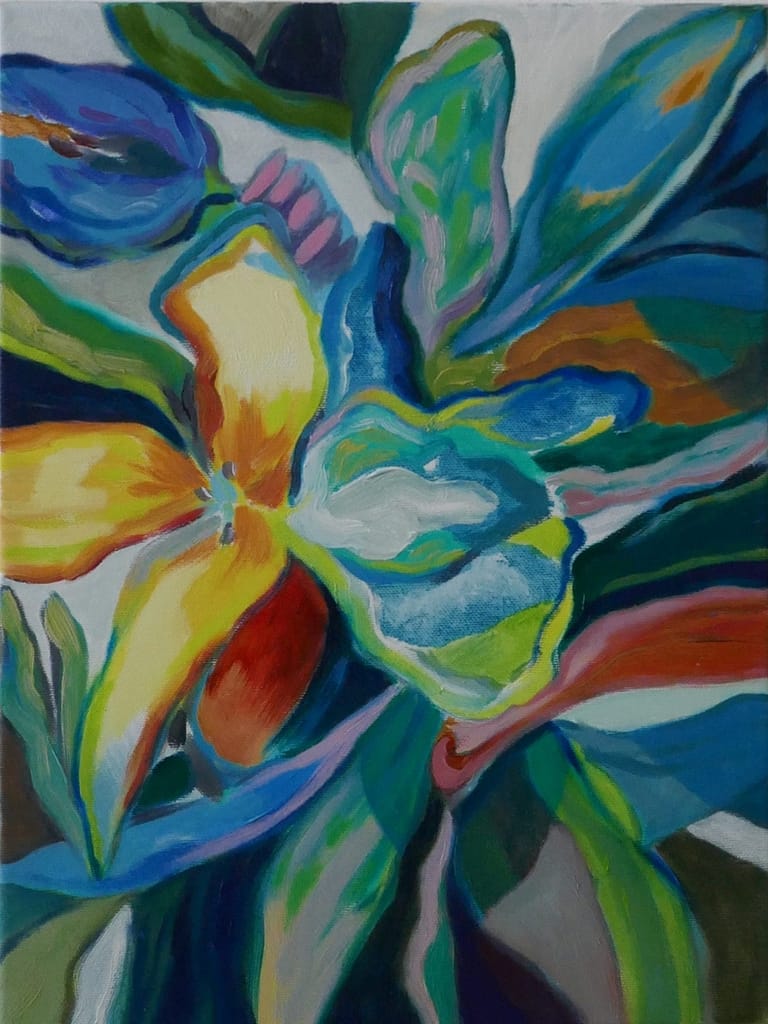 Olieverfschilderij met bloem en bladeren