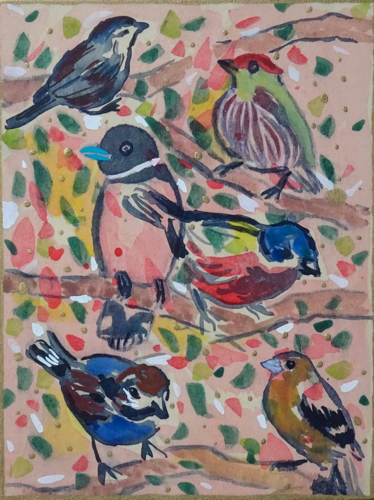 Zes kleurrijke vogels op takken (vooraanzicht eitempera op paneel - Jayven Art)