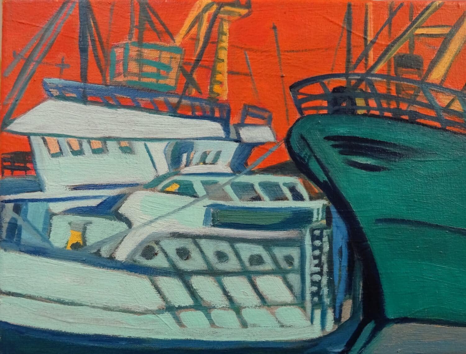 De haven van Hellevoetsluis tegen rode lucht (maritiem olieverfschilderij in de haven - Jayven Art)